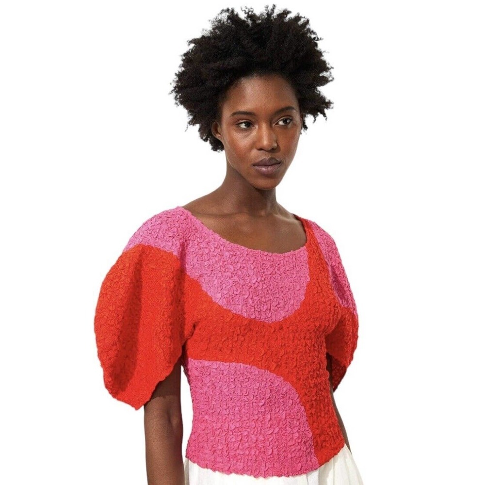 Mara Hoffman Elia Puff Sleeve Popcorn Top Red Pink Womens Size XSmall $325